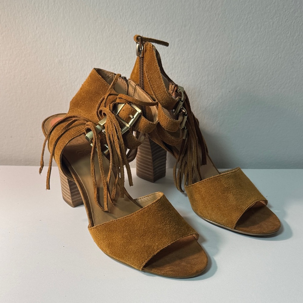 Franco Sarto Mustard Fringe Suede Heels
